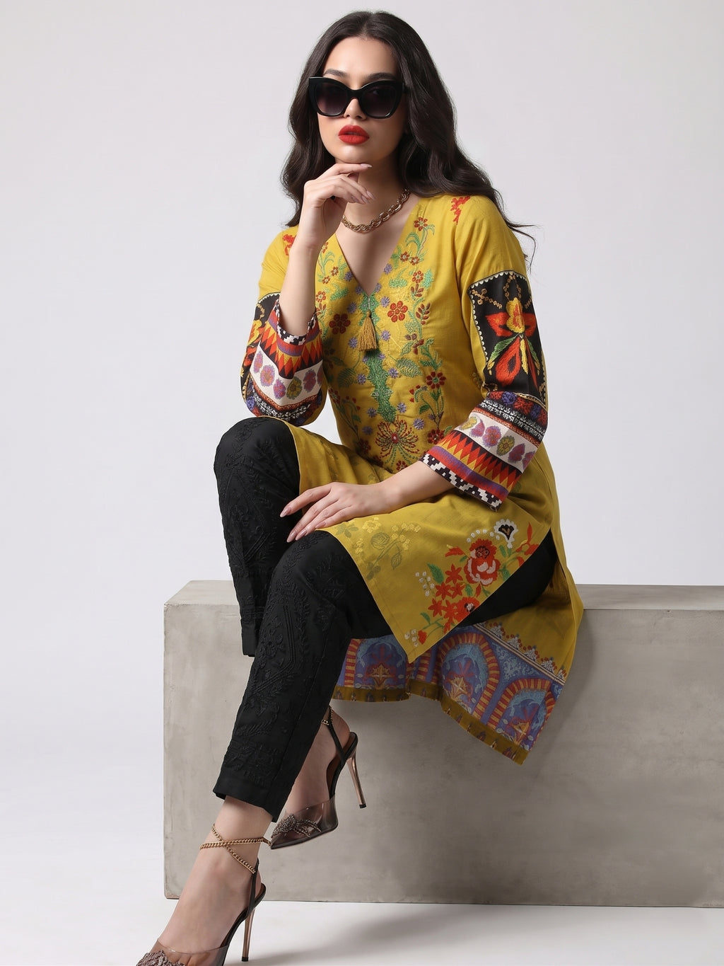 Amani Embroidered Mustard Cotton Lawn Kurti
